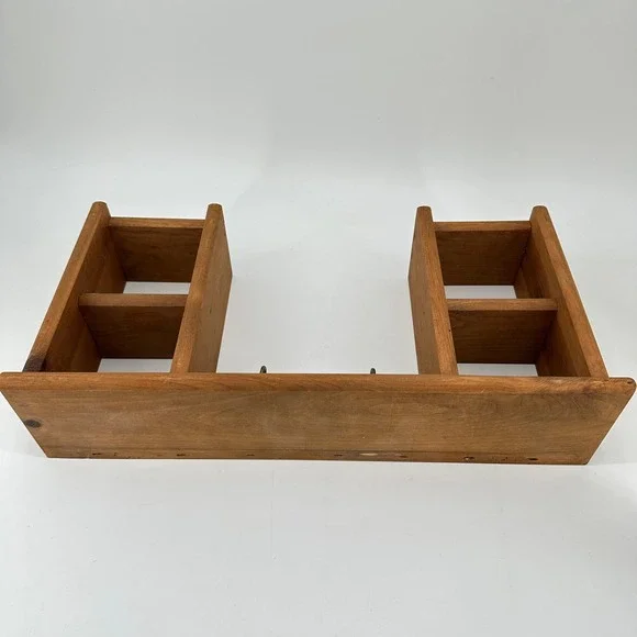 VTG Handmade Rustic Wooden Wall Shelf with 4 Cubbies and 2 Brass Key Hooks Brown - Picture 5 of 10